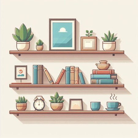 Bookshelf with books and plants. Vector illustration in flat styleのイラスト素材