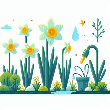 Spring background with daffodils and water drops. Vector illustration.のイラスト素材