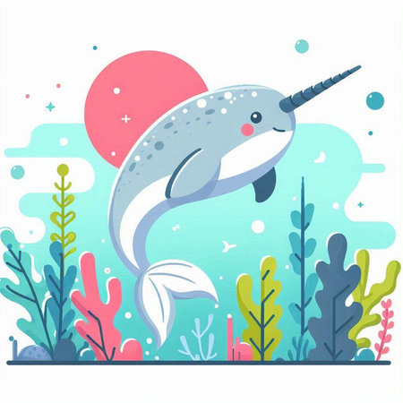 Cute narwhal in the sea. Cartoon vector illustration.のイラスト素材