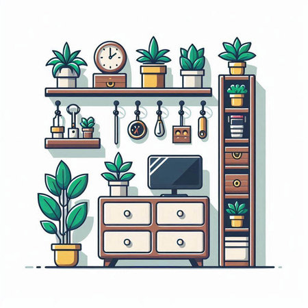 Flat design vector illustration concept of home office interior with furniture and plants.のイラスト素材