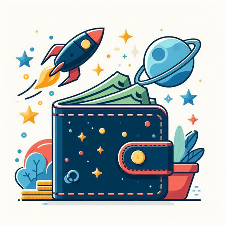 Purse with money, rocket and stars. Flat style vector illustration.のイラスト素材