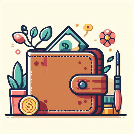Flat style vector illustration of a purse with money and cosmetics.のイラスト素材