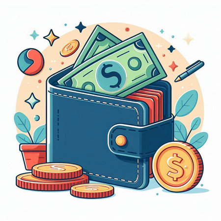 Wallet with money and coins. Vector illustration in a flat style.のイラスト素材