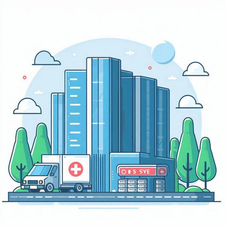 Modern flat design vector illustration concept of hospital, ambulance, ambulance, car, car, truck, building, cityscape.のイラスト素材