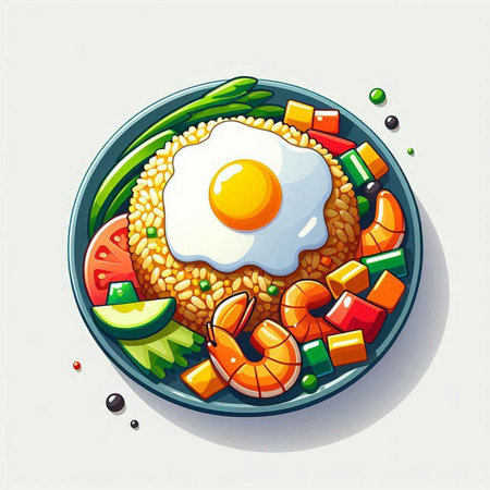 fried rice with fried egg and vegetables on plate, vector illustration.のイラスト素材