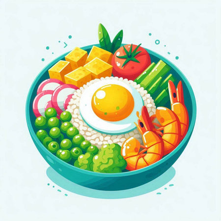 Illustration of a bowl of sushi, shrimp, egg and vegetablesのイラスト素材