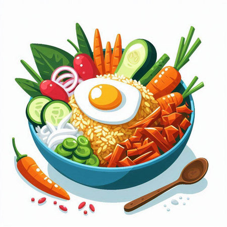 Bowl of rice with fried egg and vegetables. Vector illustration.のイラスト素材