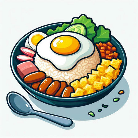 Illustration of a bowl of rice with fried egg and vegetables.のイラスト素材