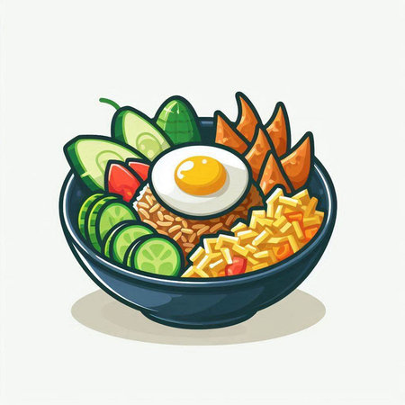 Bowl of noodle with fried egg and vegetables. Vector illustration.のイラスト素材