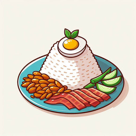 Rice with fried egg and bacon on plate. Vector illustration.のイラスト素材
