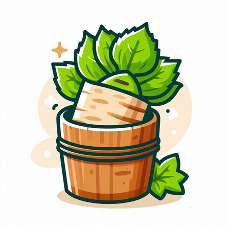 Wooden bucket with mint leaves. Vector cartoon illustration isolated on white background.のイラスト素材