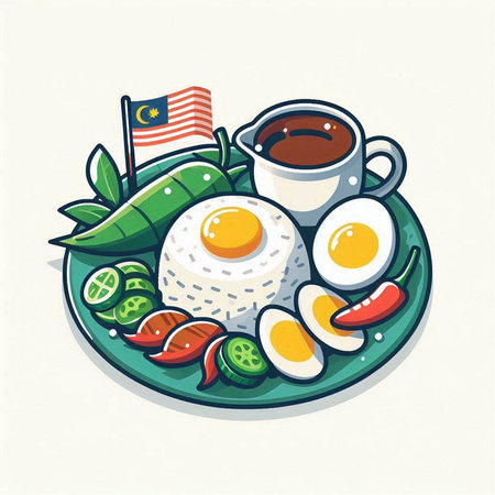 Illustration of a plate of breakfast with fried eggs and vegetables.のイラスト素材