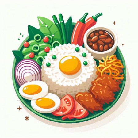 Illustration of Thai food with fried egg, fried chicken and vegetablesのイラスト素材