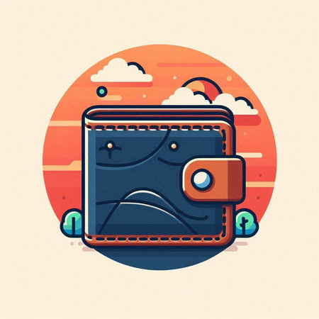 Vector illustration of a wallet on a background of the setting sun.のイラスト素材