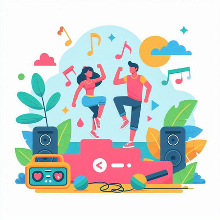 Music Festival Flat Vector Illustration. Male and Female Characters Singing, Playing Music on Huge Headphones and Stereo Amplifierのイラスト素材