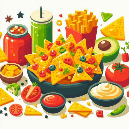 Nachos with salsa, guacamole, cheese, olives and tomato. Vector illustrationのイラスト素材