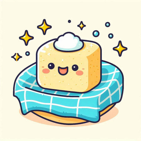 Cute kawaii sponge on a towel. Vector illustration.のイラスト素材