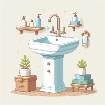 Illustration of a Bathroom Interior with Washbasin, Soap dispenser, Soap Dispenser, Soap Bar, Washbasin, Bathroom Furniture, Towel, Washbasinのイラスト素材
