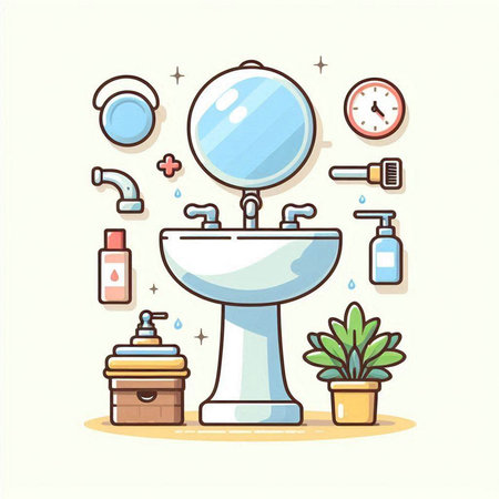 Bathroom interior design elements. Bathroom accessories. Vector illustration.のイラスト素材