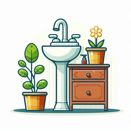 Bathroom interior vector illustration. Washbasin, cupboard, flowerpot, cabinet. Bathroom furniture concept.のイラスト素材