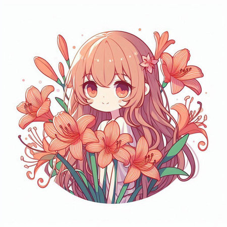 Beautiful girl with lily flowers. Vector illustration in cartoon style.のイラスト素材