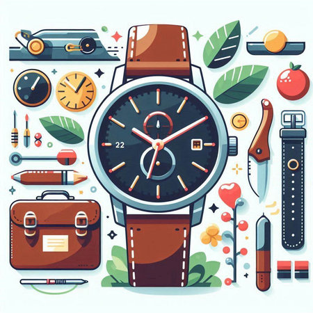 Wristwatch and accessories. Vector illustration in flat design style.のイラスト素材