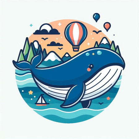 Vector illustration of a cute blue whale in the sea. Flat style.のイラスト素材