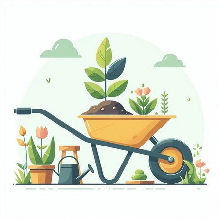 Gardening flat vector illustration. Wheelbarrow with soil and flower.のイラスト素材