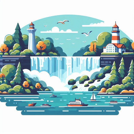 Waterfall in the forest. Waterfall on the river. Vector illustrationのイラスト素材