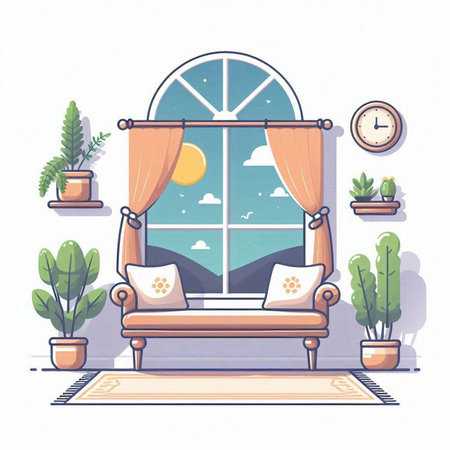 Living room interior with window, sofa, armchair and plants. Flat vector illustration.のイラスト素材