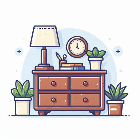 Bedside table with lamp and books. Flat style vector illustration.のイラスト素材