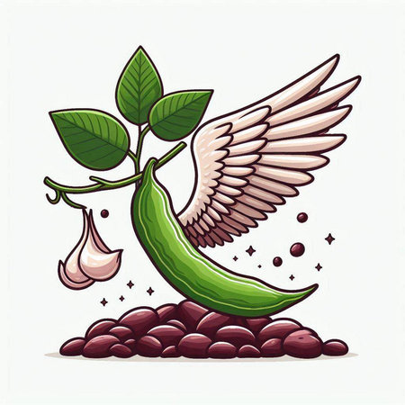 Illustration of green hot chili pepper with wings and garlic on white backgroundのイラスト素材