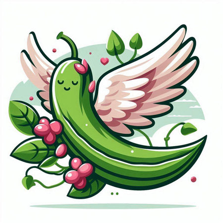 Cute green chili pepper with wings and flowers. Vector illustration.のイラスト素材