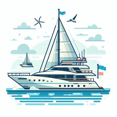 Yacht on the sea. Vector illustration in flat cartoon style.のイラスト素材