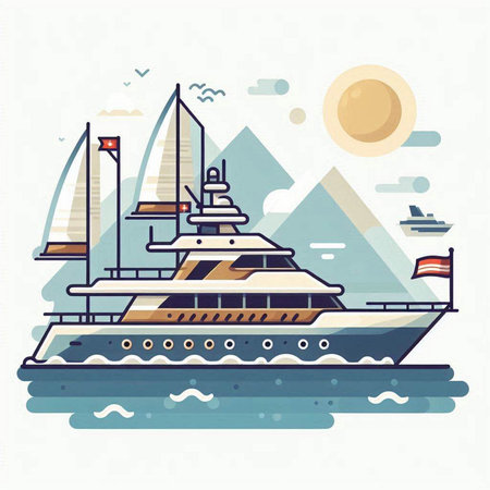 Yacht on the sea. Vector illustration in flat linear style.のイラスト素材