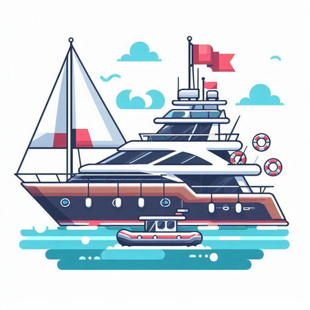 Yacht on the water. Vector illustration in flat cartoon style.のイラスト素材