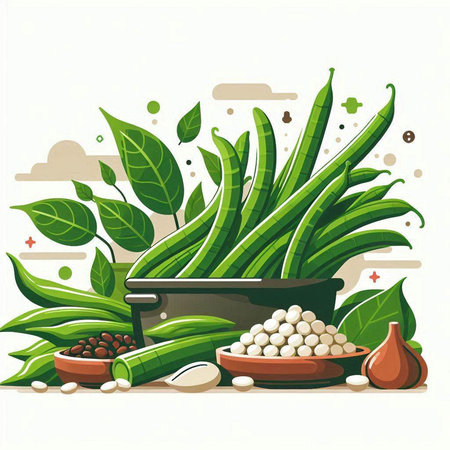 Vector illustration of green beans in a pot with herbs and spices.のイラスト素材