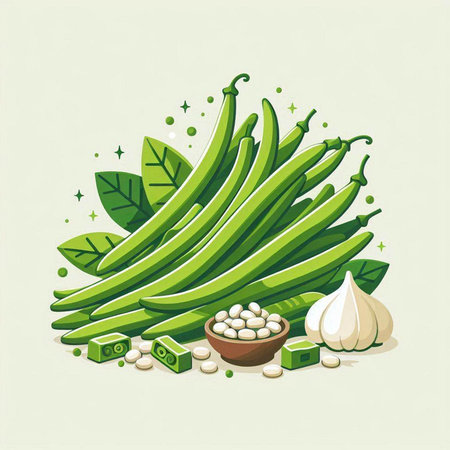 Vegetable illustration with green beans, garlic and soy beans.のイラスト素材