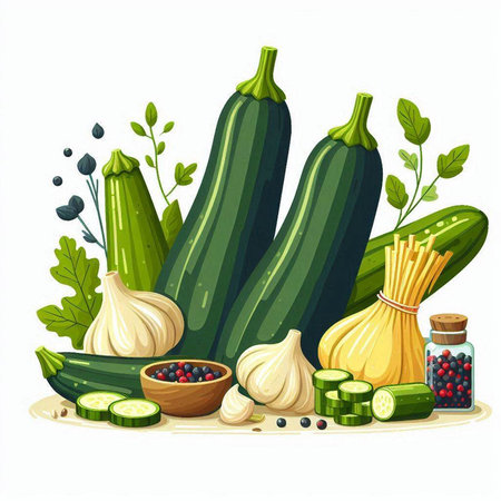 Zucchini, garlic, pepper and parsley. Vector illustration.のイラスト素材