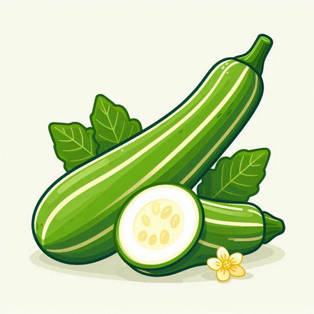 Fresh zucchini with green leaves and slices. Vector illustration.のイラスト素材