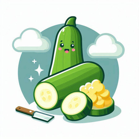 Cute cucumber with knife and potato chips. Vector illustration.のイラスト素材