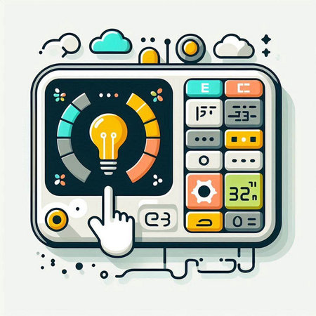 Flat design vector illustration concept of electronic device with glowing lightbulb and calculator.のイラスト素材