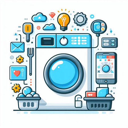 Washing machine with icons. Vector illustration in line art style.のイラスト素材