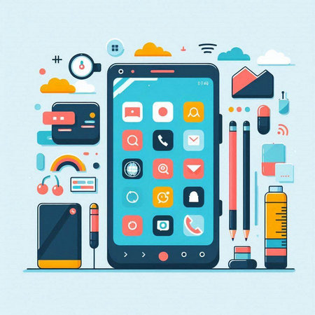 Smartphone with flat design icons on blue background. Vector illustration.のイラスト素材