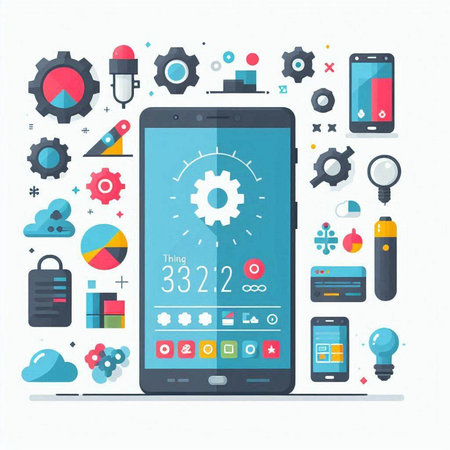 Smartphone with application development concept. Vector illustration in flat design.のイラスト素材