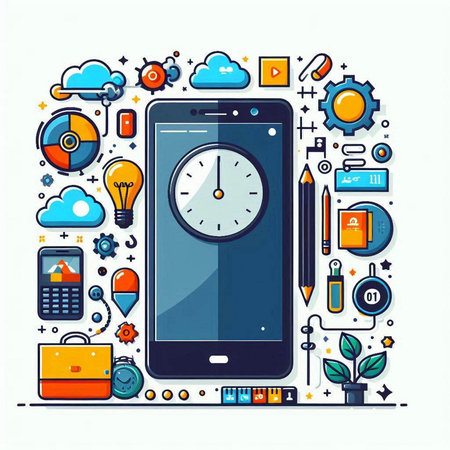 Time management concept. Smartphone with clock and icons. Vector illustrationのイラスト素材