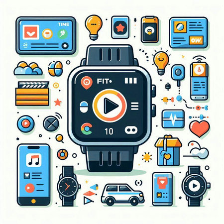 Smart watch with media player, video player and other media icons. Vector illustration in flat styleのイラスト素材