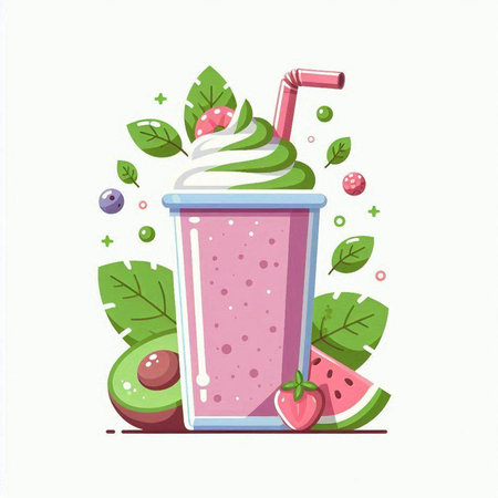 Fruit smoothie with watermelon, kiwi, cherry, mint and whipped cream. Vector illustration.のイラスト素材