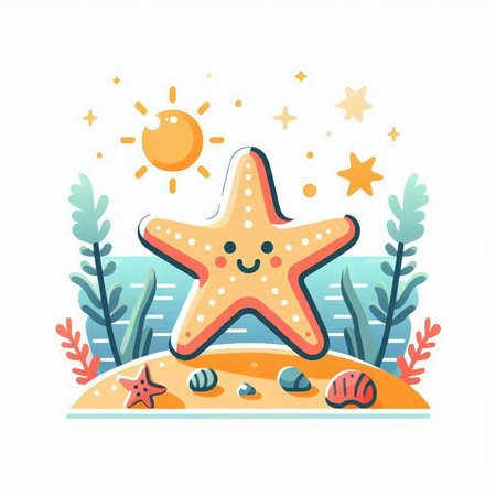 Cute cartoon starfish on the beach. Vector flat illustration.のイラスト素材