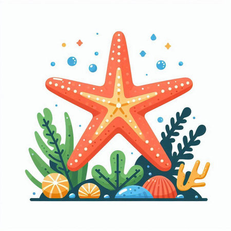 Starfish and seaweed vector flat illustration. Sea life concept.のイラスト素材